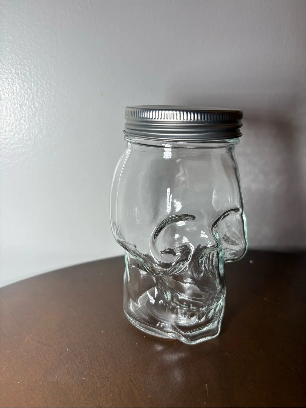 Clear Glass Skull Mason Jar with Silver Lid